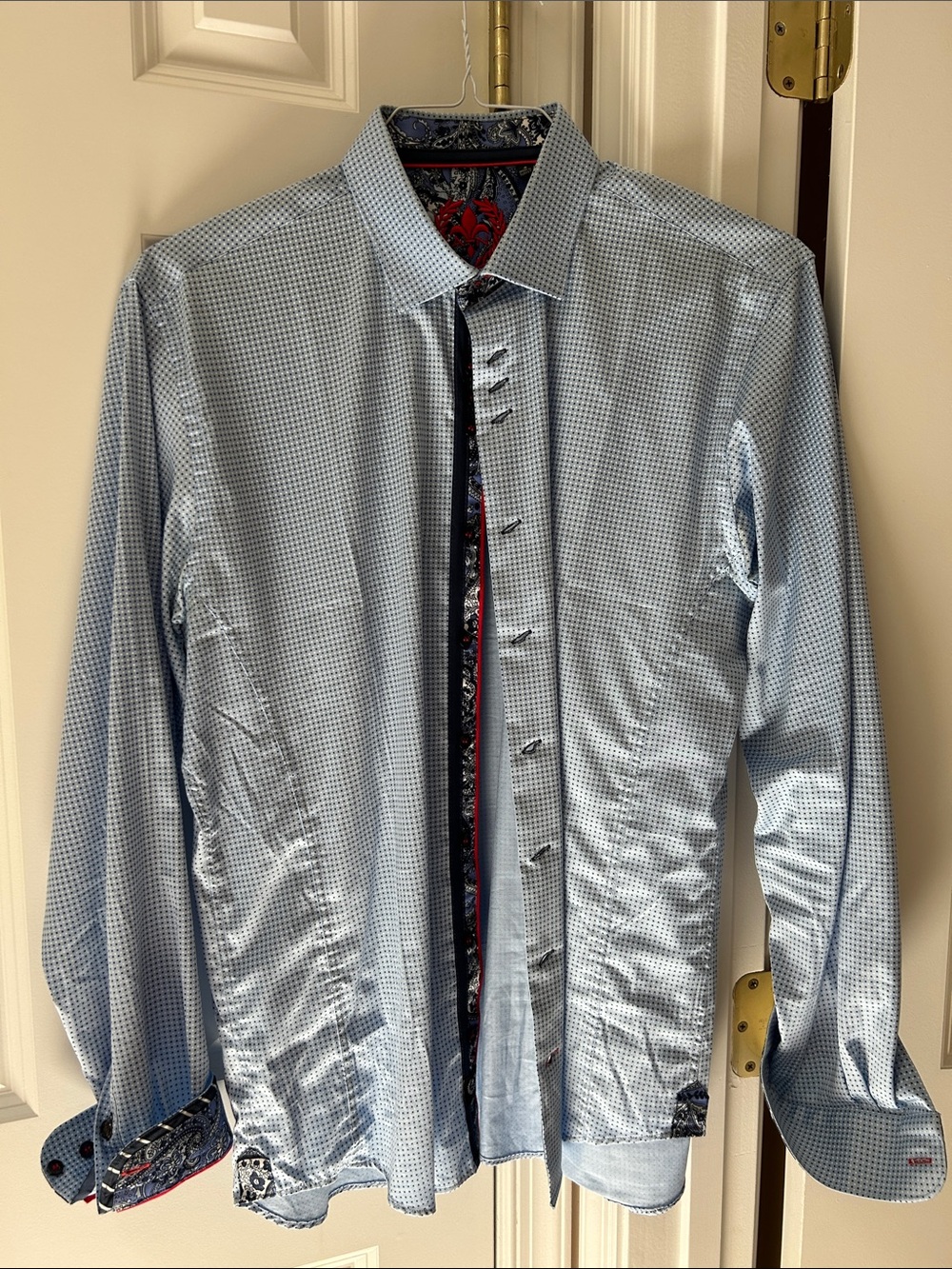 Men's Au Noir Light Blue Micro-Check Dress Shirt with Contrast Trim